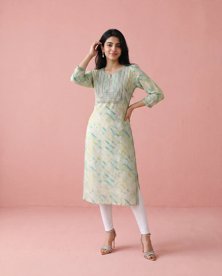 Green Printed Viscose Blended Straight cut Long Kurta