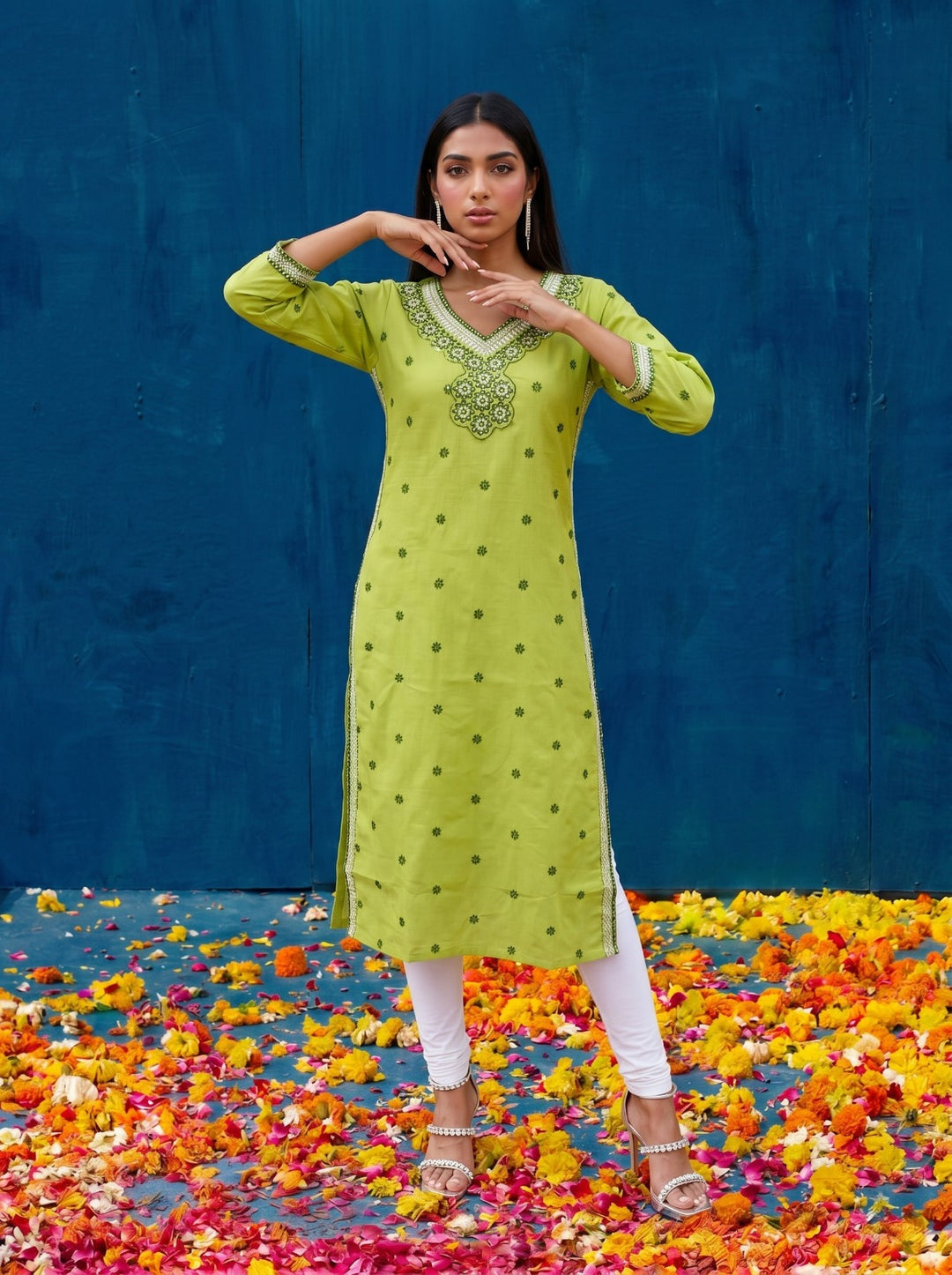 Green Embroidered Viscose Blended Straight cut Long Kurta
