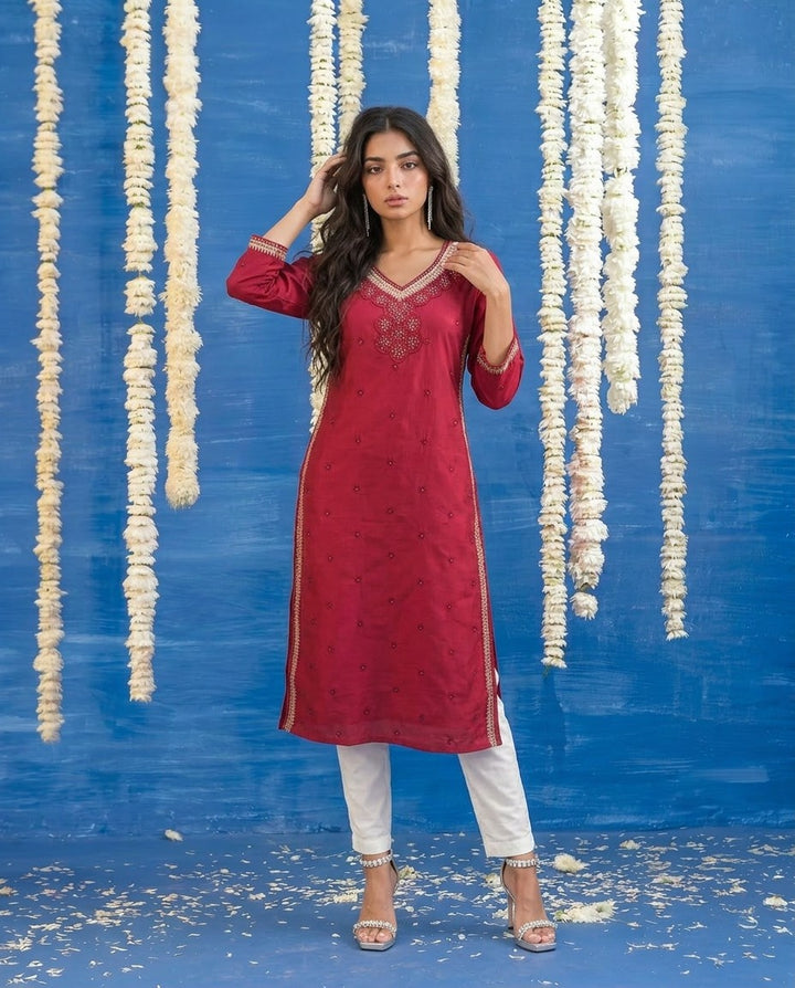 Magenta Embroidered Viscose Blended Straight cut Long Kurta