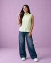 Sea Green Solid Cotton Satin Sleeveless Top