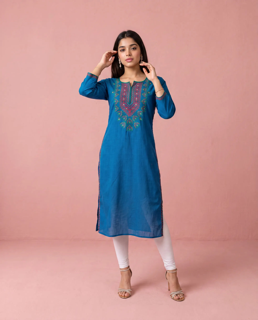 Navy Embroidered Cotton Straight cut Long Kurta