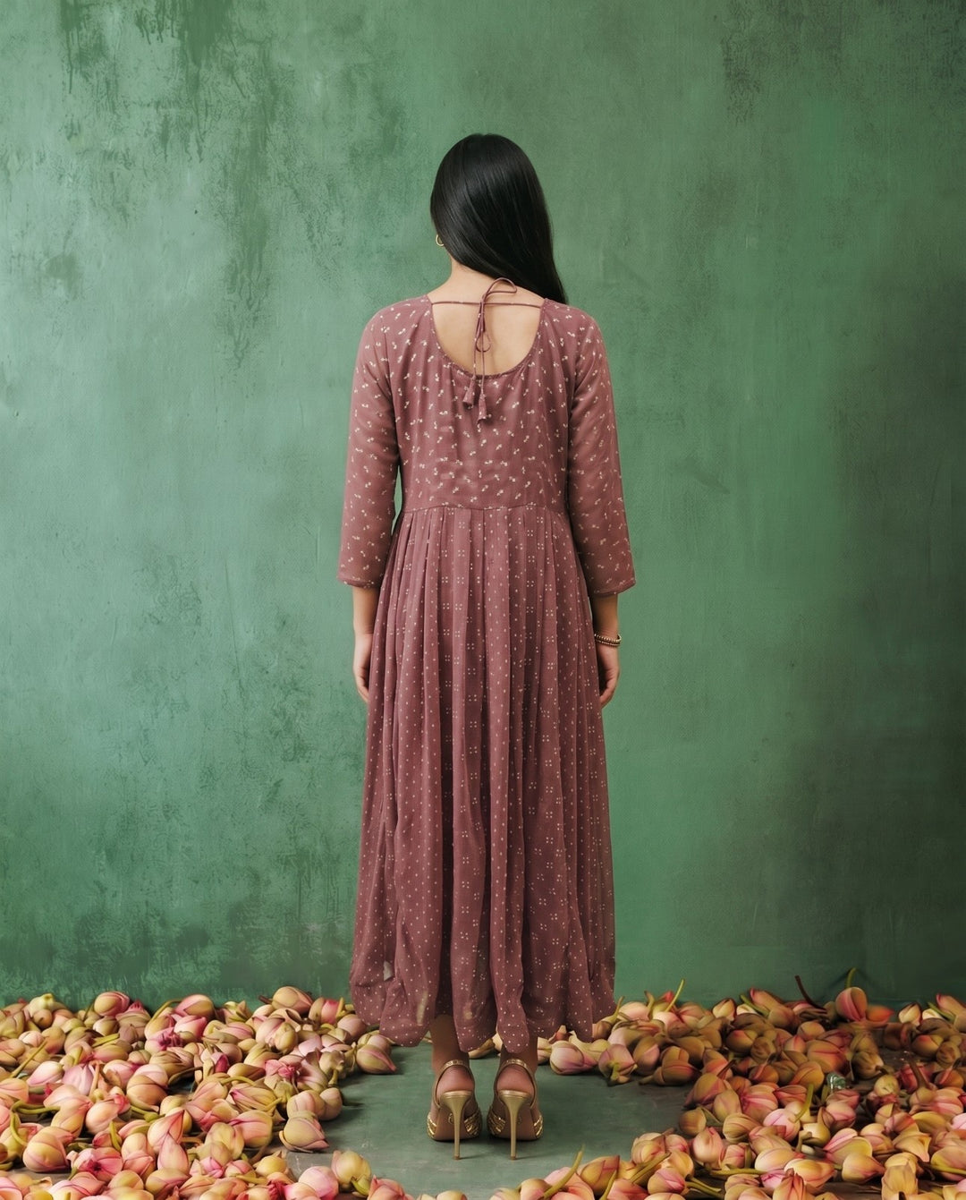Peach Printed Georgette Maxi Dress