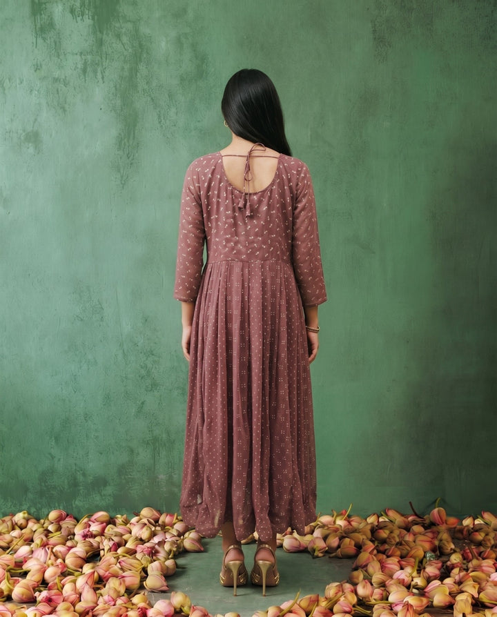 Peach Printed Georgette Maxi Dress