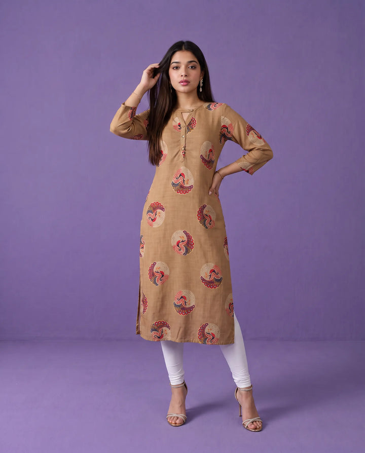 Brown Printed Rayon Straight cut Long Kurta