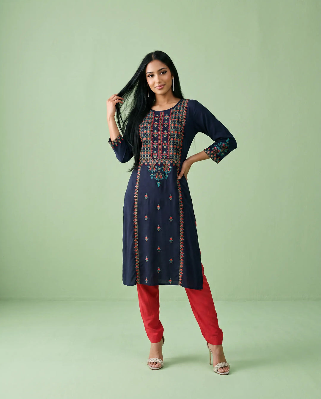 Navy Embroidered Rayon Straight cut Long Kurta
