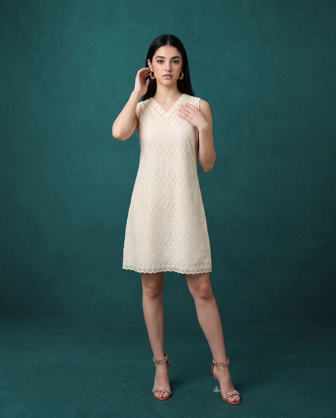 Cream Embroidered Cotton Midi Dress
