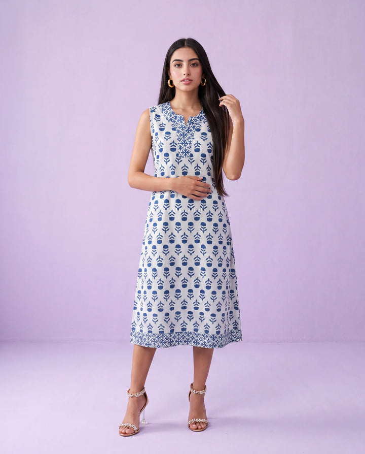 Blue Printed Pure Cotton Hand-Block Printed Midi Dress