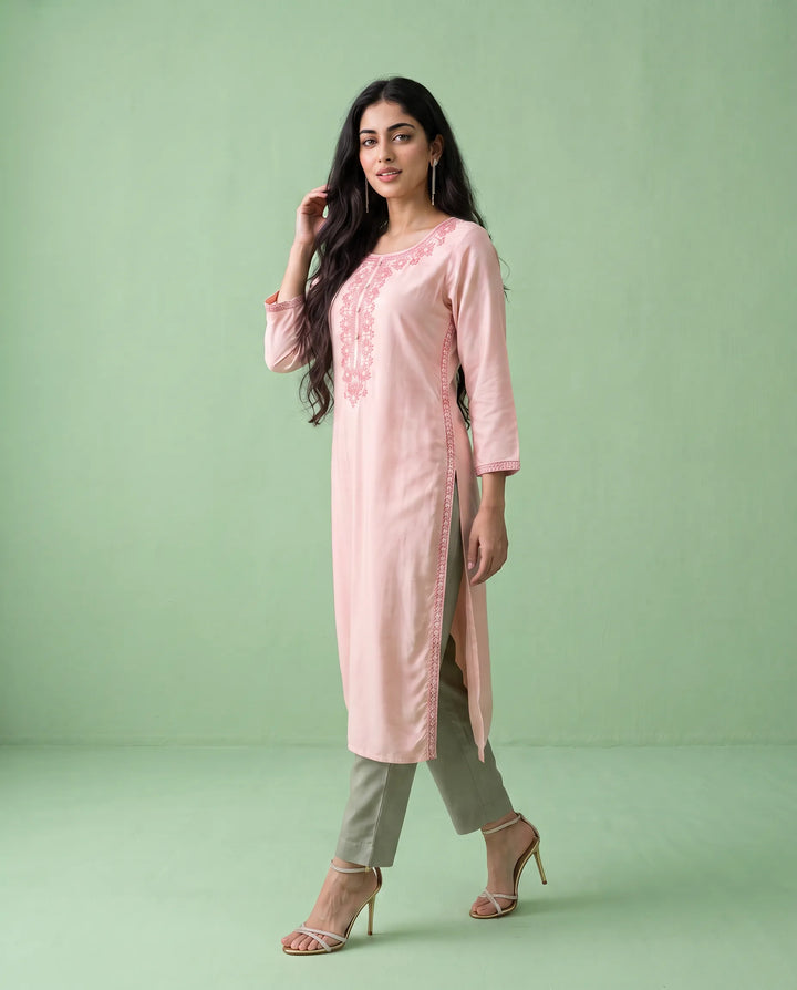 Peach Embroidered Rayon Straight cut Long Kurta
