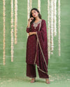 Wine Embriodered Silk Blended Kurta Bottom Dupatta Set