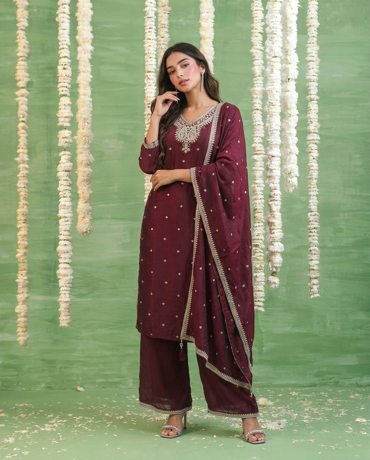 Wine Embriodered Silk Blended Kurta Bottom Dupatta Set