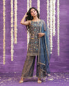 Grey Embriodered Silk Blended Spaghetti Strap Kurta Bottom Dupatta Set