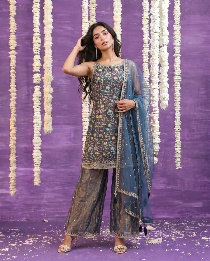 Grey Embriodered Silk Blended Spaghetti Strap Kurta Bottom Dupatta Set