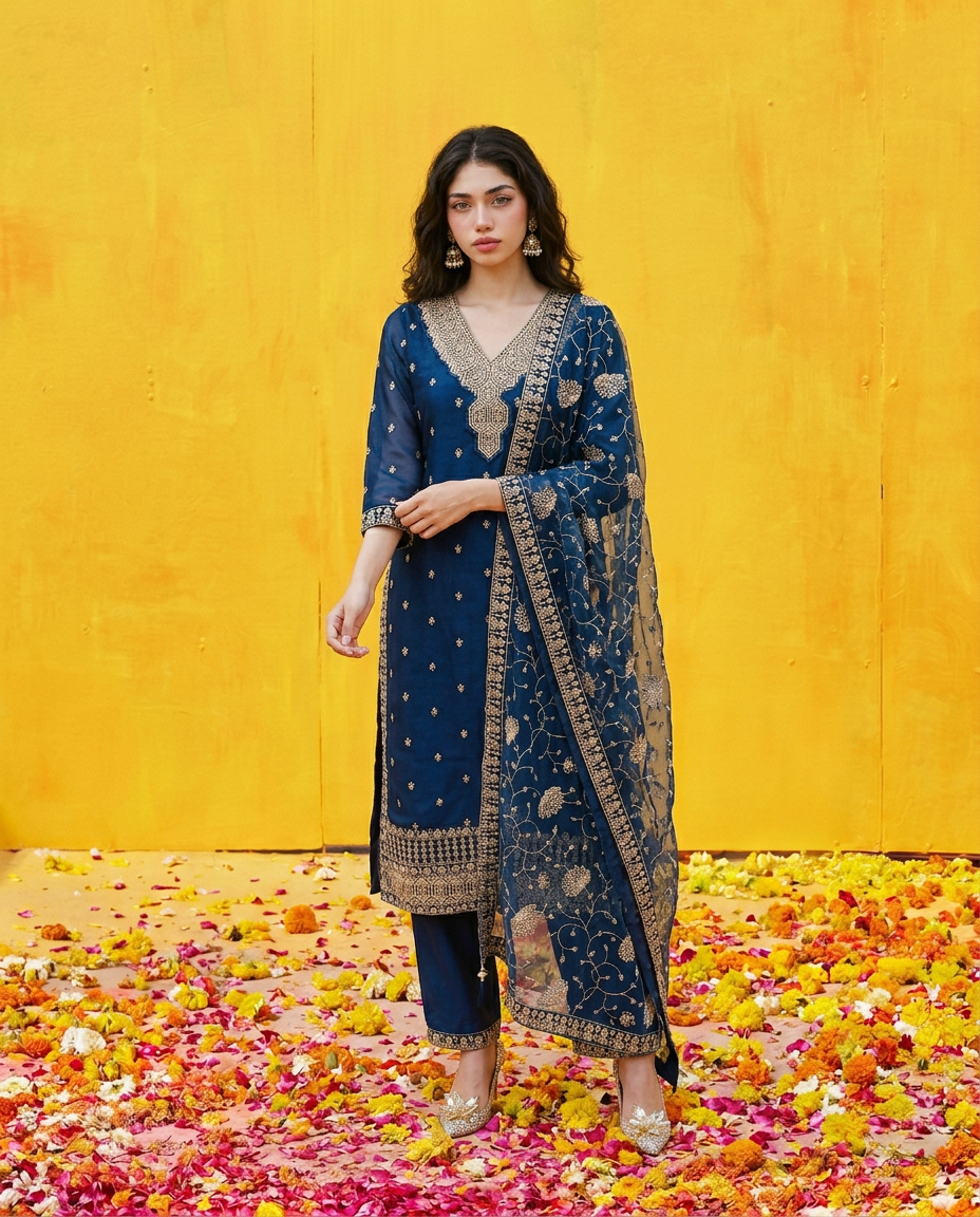 Blue Embriodered Silk Blended Kurta Bottom Dupatta Set