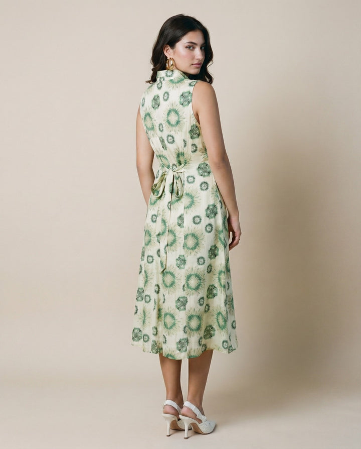 White and Green Printed Linen Blended Midi Dress