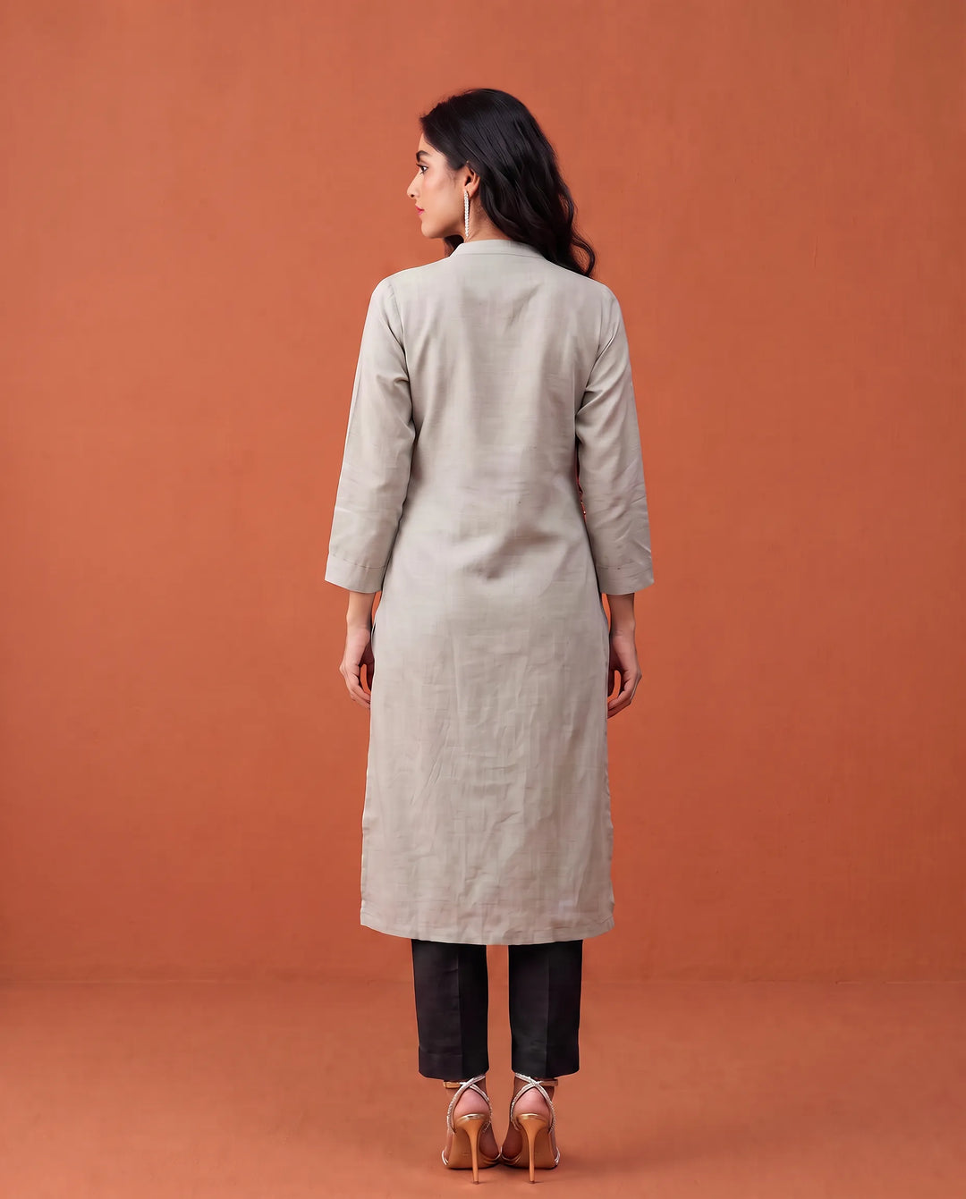 Grey Solid Cotton Straight cut Long Kurta
