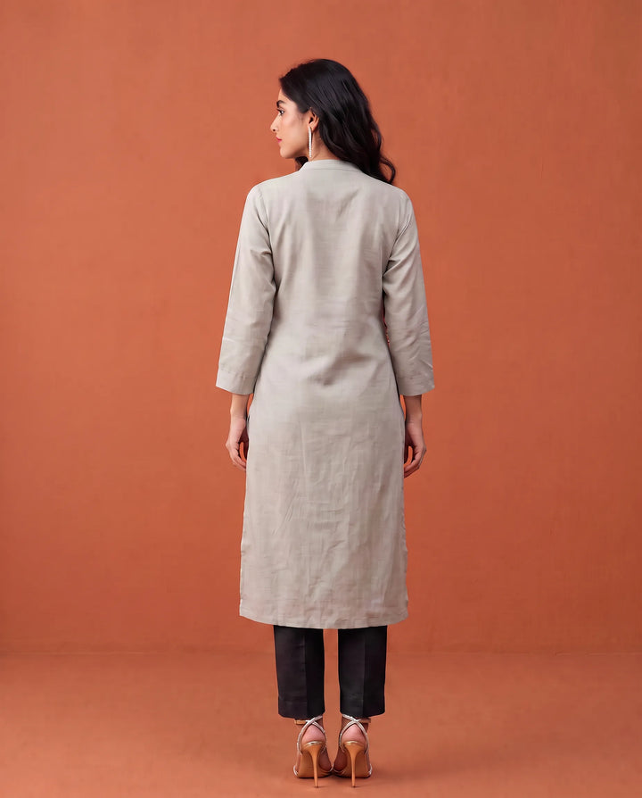 Grey Solid Cotton Straight cut Long Kurta