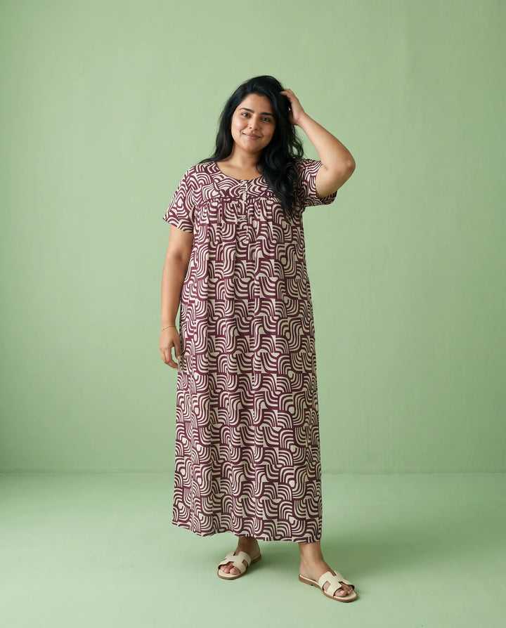 Maroon Printed Super Soft Rayon Night Dress / Home Wear
