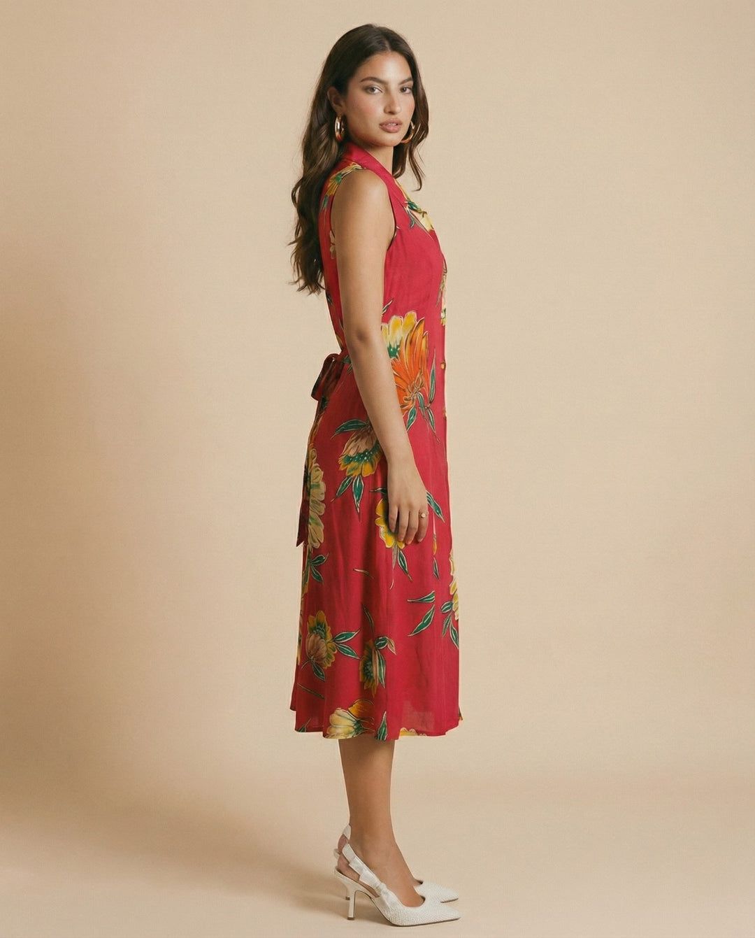 Red Printed Viscose Blended Midi Dress