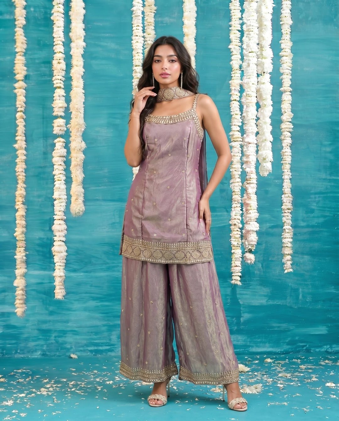 Purple Embriodered Silk Blended Spaghetti Strap Kurta Bottom Dupatta Set