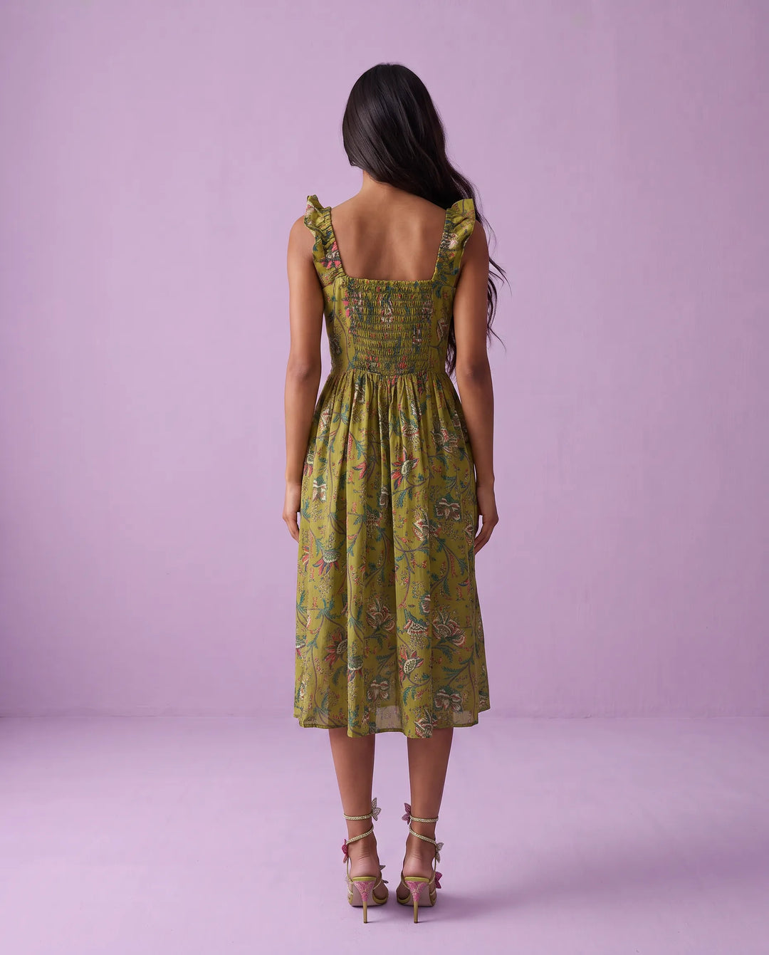 Green Printed Cotton Blended Midi Dress