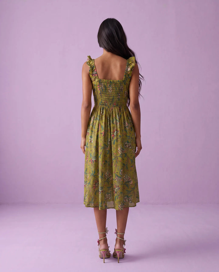 Green Printed Cotton Blended Midi Dress