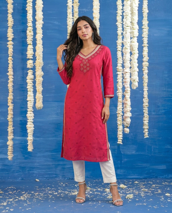 Magenta Embroidered Viscose Blended Straight cut Long Kurta