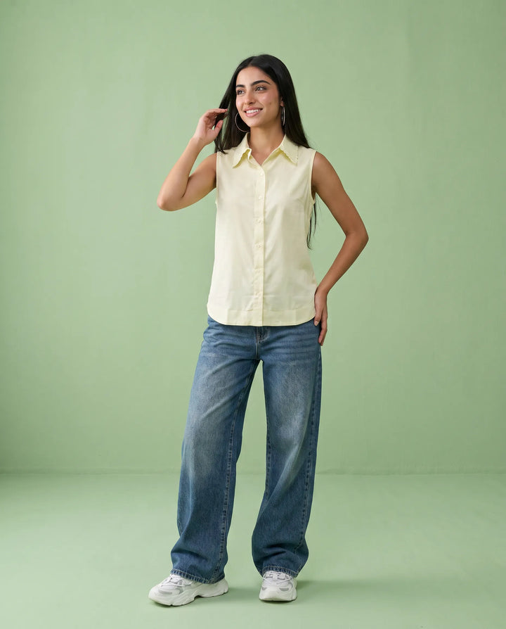 Yellow Solid Cotton Satin Sleeveless Top
