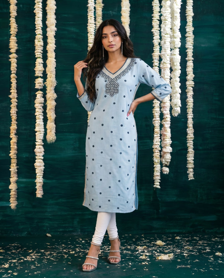 Blue Embroidered Viscose Blended Straight cut Long Kurta