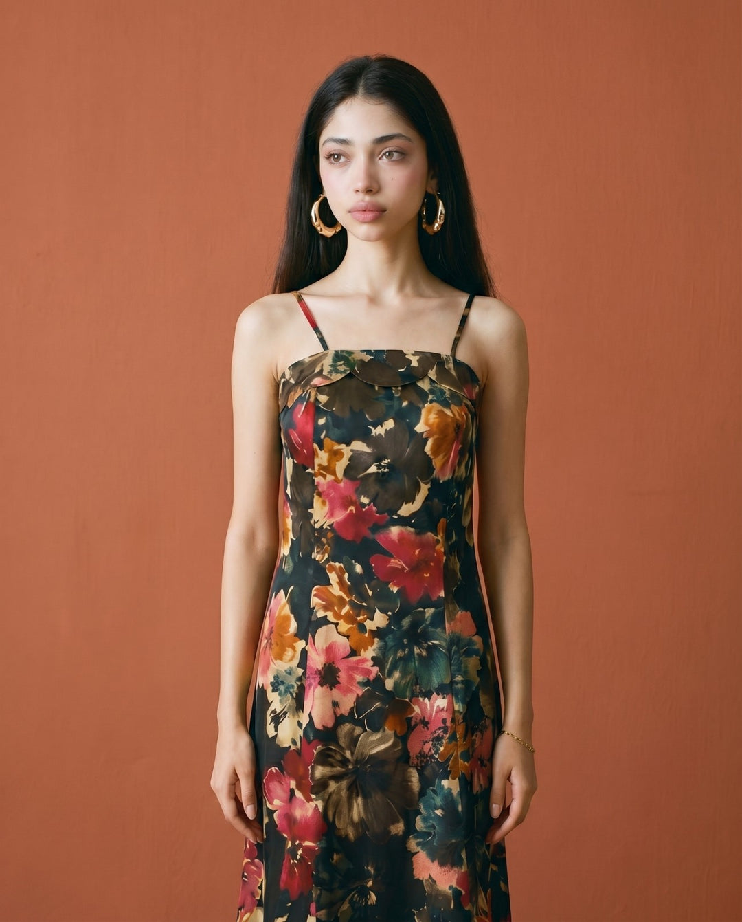 Black Printed Silk Blended Midi Dress