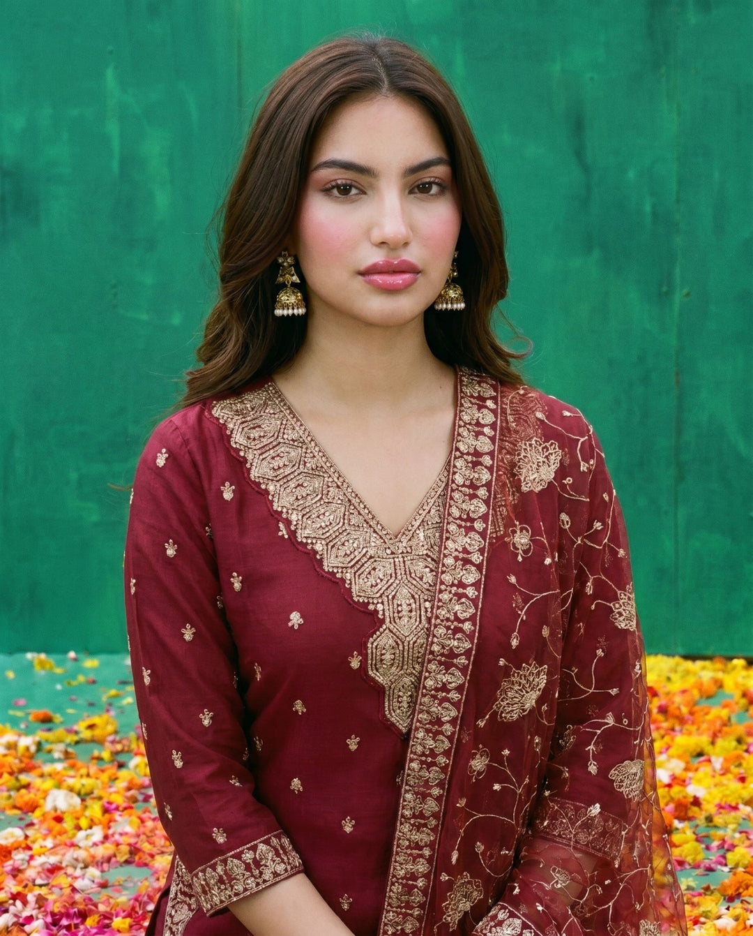 Maroon Embriodered Silk Blended Kurta Bottom Dupatta Set