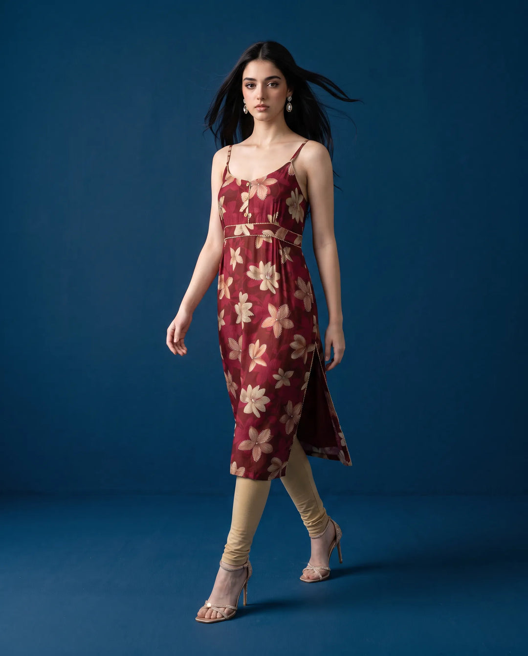 Maroon Printed Viscose Blended Spaghetti Strap Straight Cut Long Kurta