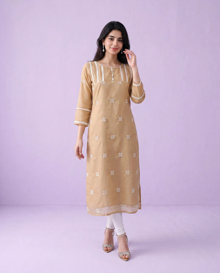 Beige Embroidered Viscose Blended Straight Cut Long Kurta