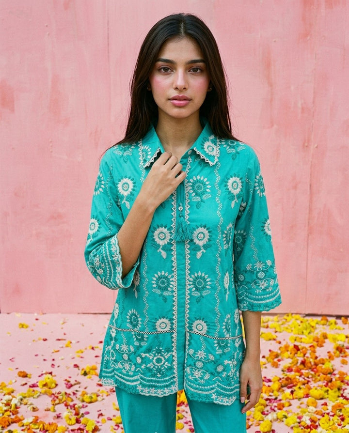 Turquoise Embroidered Cotton Satin Co-Ord Set
