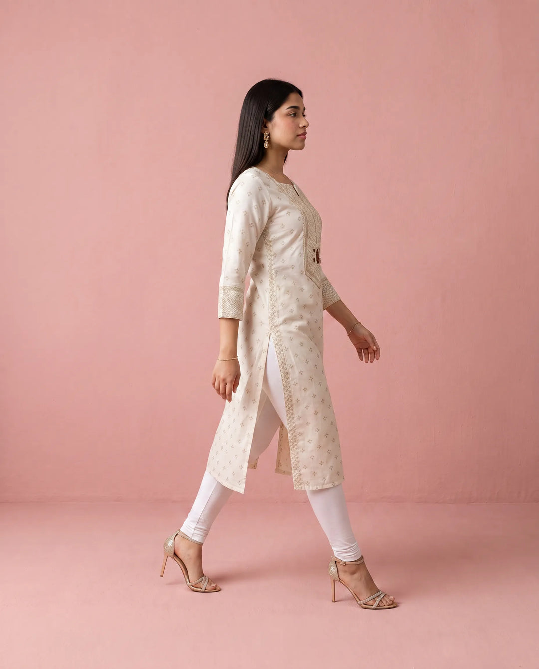 White Printed Cotton Straight cut Long Kurta