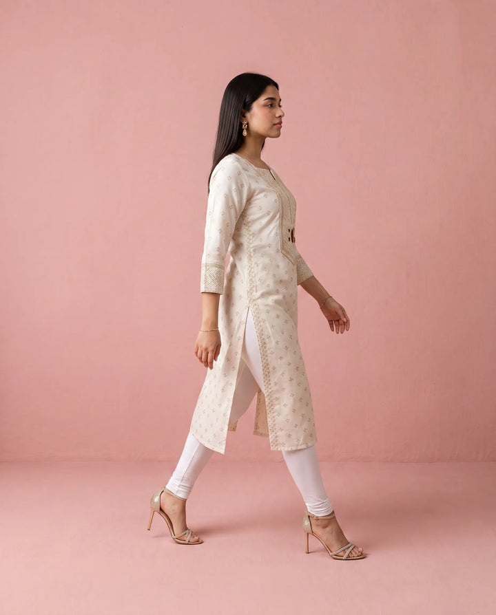 White Printed Cotton Straight cut Long Kurta
