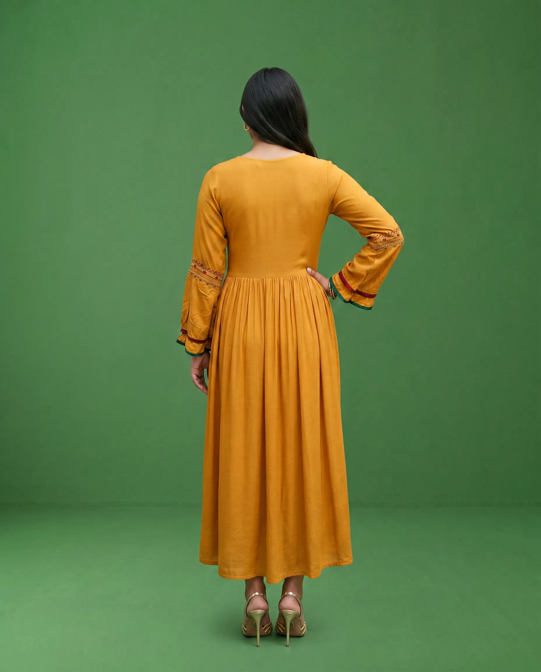 Mustard Embriodered Cotton Maxi Dress