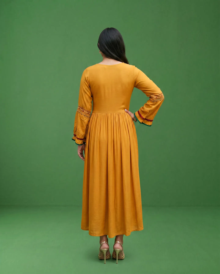 Mustard Embriodered Cotton Maxi Dress