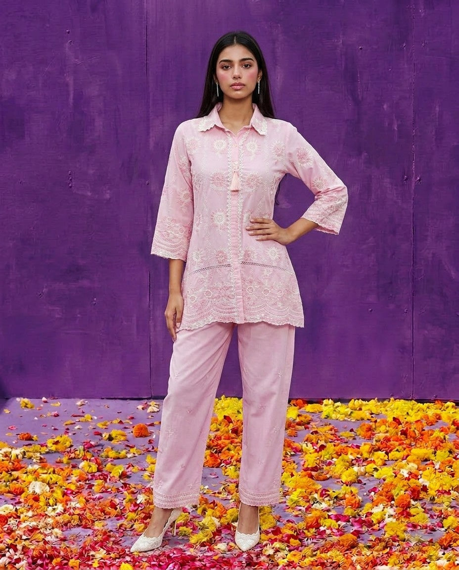 Pink Embroidered Cotton Satin Co-Ord Set