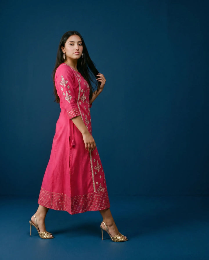 Magenta Embriodered Silk Blended Maxi Dress