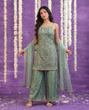 Sea Green Embriodered Silk Blended Spaghetti Strap Kurta Bottom Dupatta Set