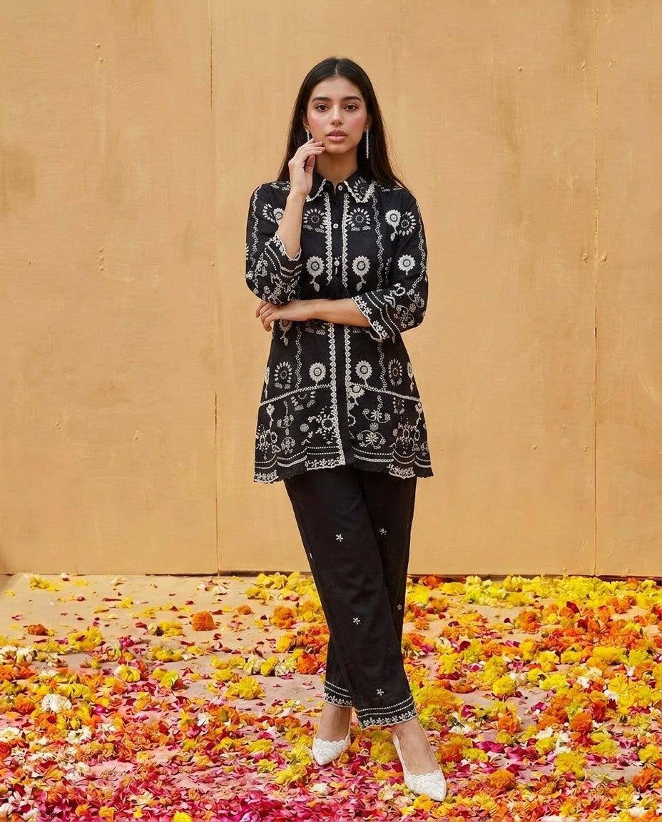 Black Embroidered Cotton Satin Co-Ord Set