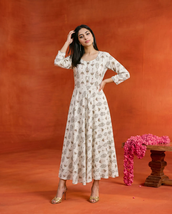 White Printed Rayon Maxi Dress