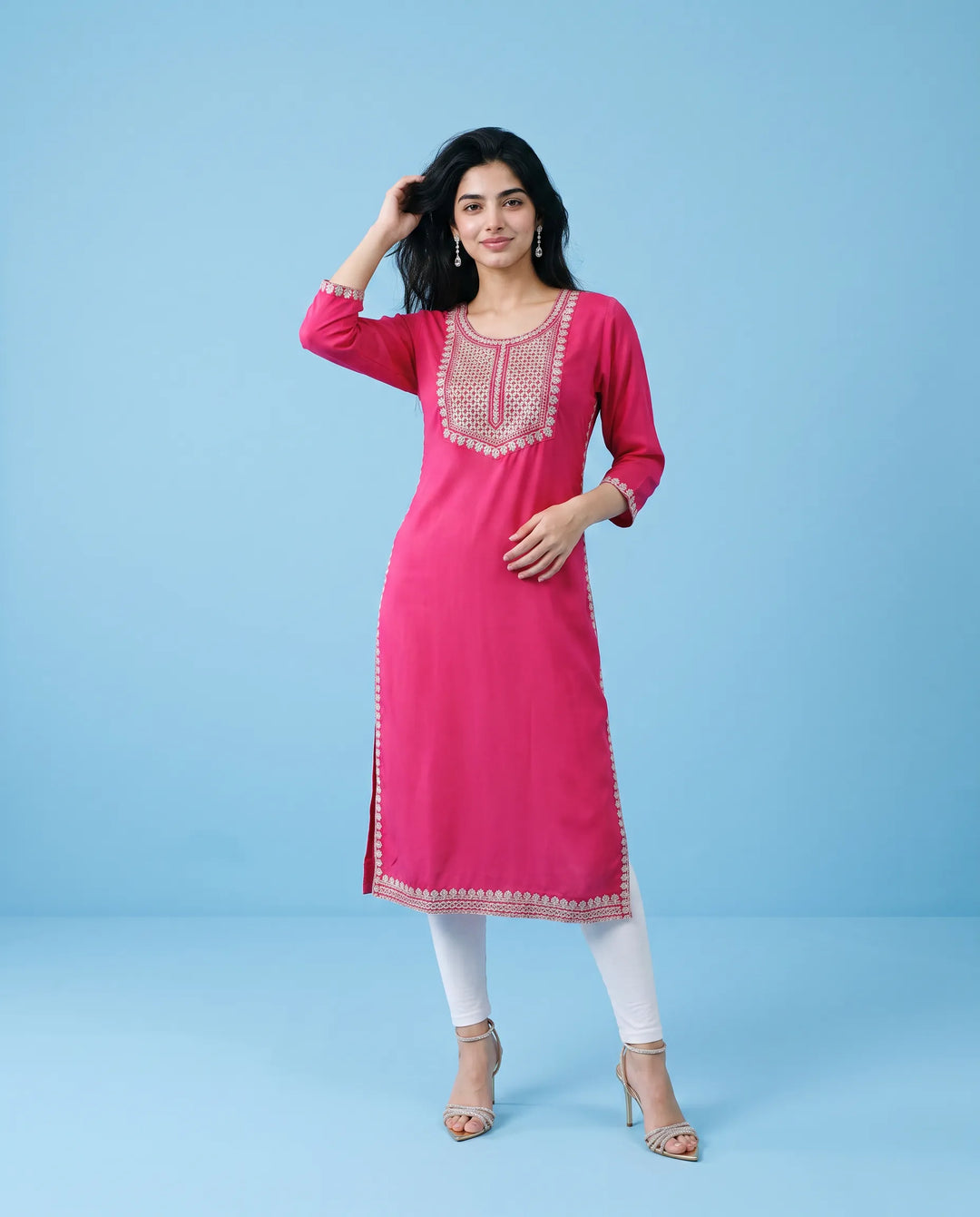 Pink Embroidered Rayon Straight cut Long Kurta