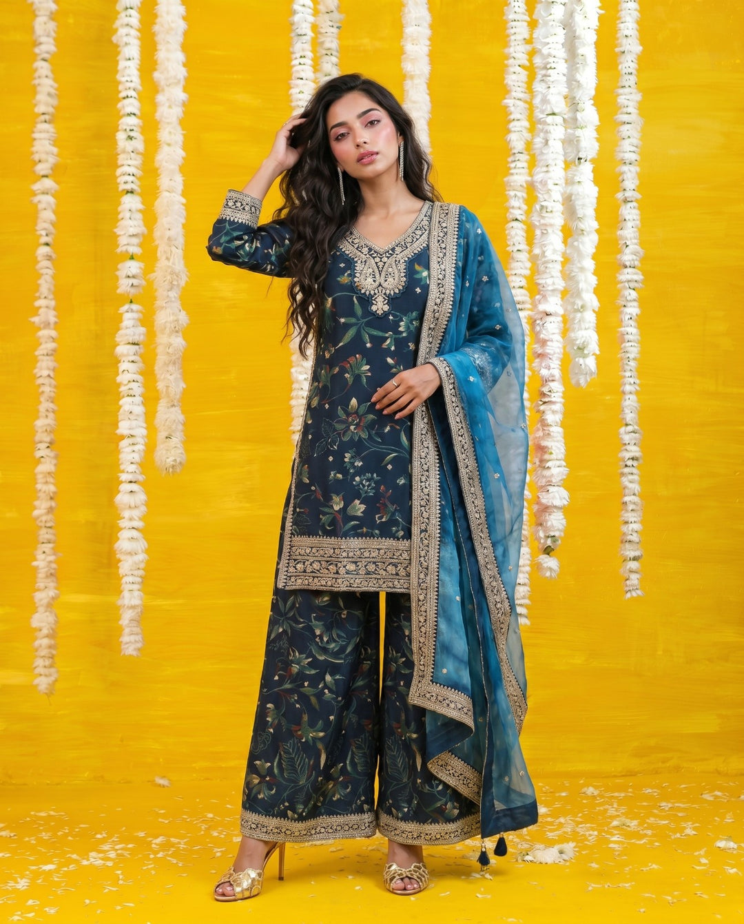 Teal Blue Embriodered Silk Blended Kurta Bottom Dupatta Set