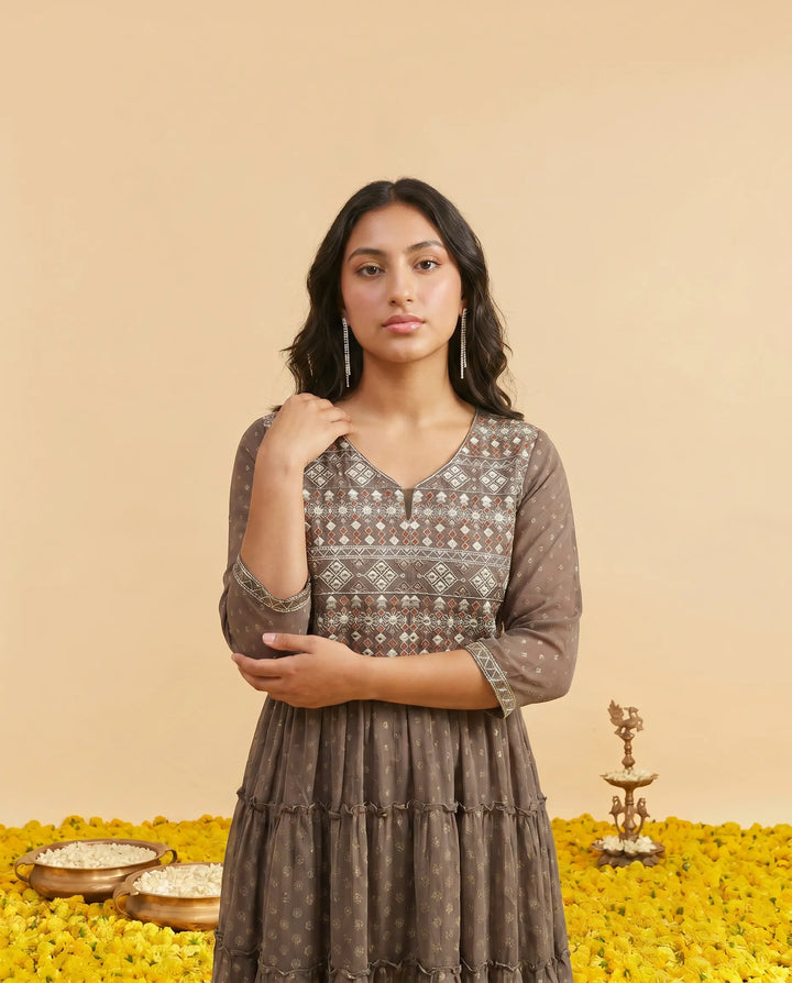 Brown Embriodered Georgette Maxi Dress