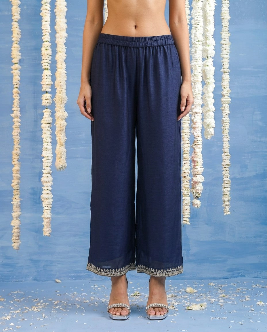 Navy Embriodered Silk Blended Kurta Bottom Dupatta Set