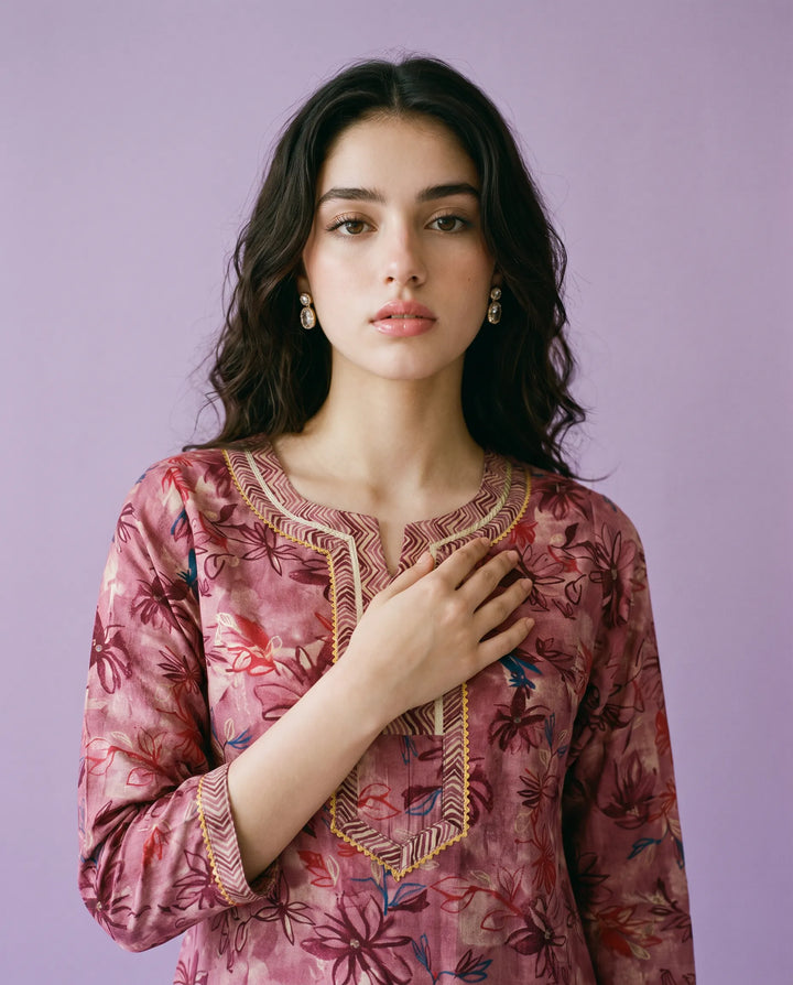 Violet Printed Viscose Blended Short Kurti