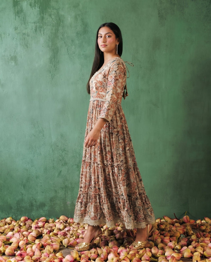 Multi-Colour Printed Silk Blended Maxi Dress