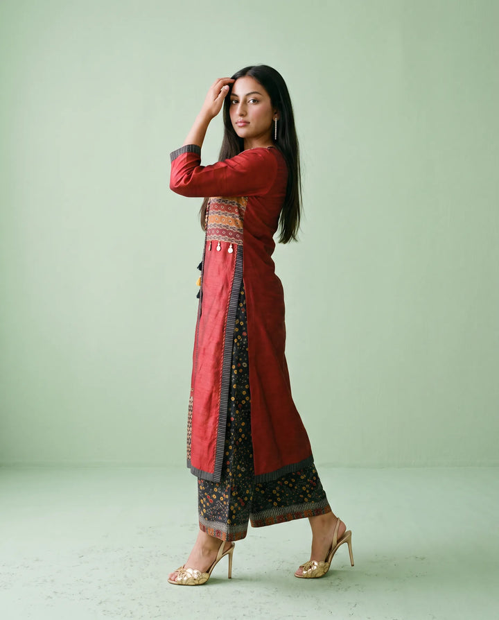 Maroon Printed Silk Blended Maxi Dress