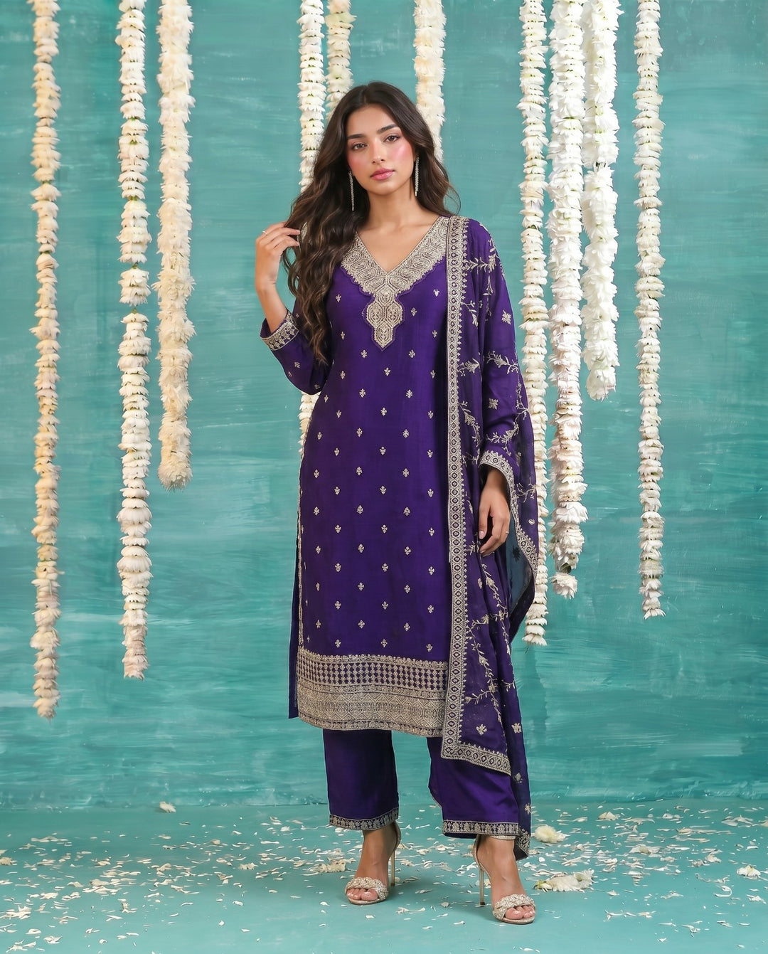 Purple Embriodered Silk Blended Kurta Bottom Dupatta Set